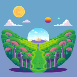 a large screen print of trees, grass, and mountains,a colorful, stylized landscape with trees and mountains
