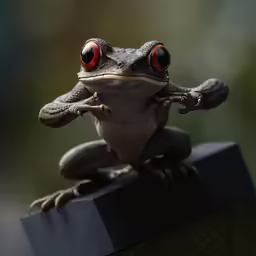 a frog with red eyes, sitting on a black surface