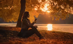 woman with long hair sitting under tree while reading on phone