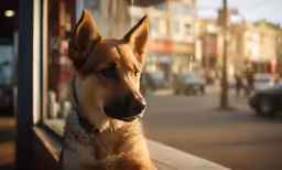 dog with sad eyes and long nose looks out the window of a building