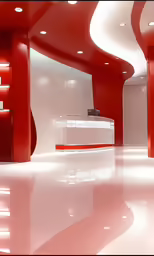 a modern and very colorful red and white lobby