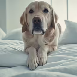 a dog laying on a bed with white sheets