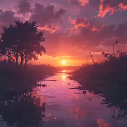 a view of some water with trees at sunset