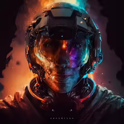 an astronaut is wearing the helmet with glowing colors