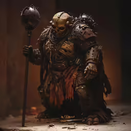 a robot made by steam punk costumed in armor and holding a weapon