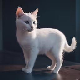 a white kitten on a table looking into the camera