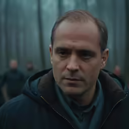a man looks into the camera with several soldiers in the background