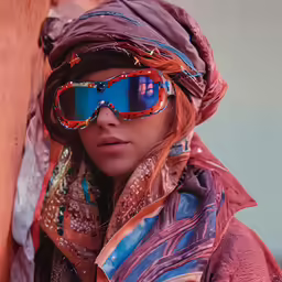 a person wearing sunglasses with scarf on top of their head