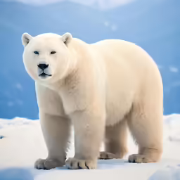 an adult polar bear stands atop a snowy mountain