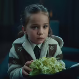 a girl dressed in school clothes holding lettuce