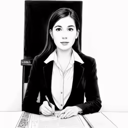 a woman sitting at a desk looking into the camera