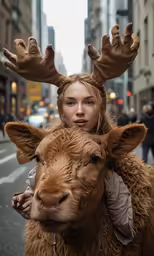 woman holding a stuffed animal wearing big horns