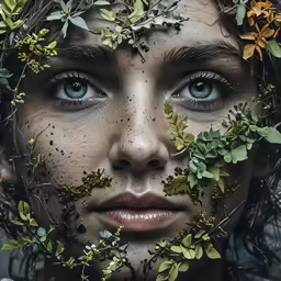 a girl with an interesting face and many leaves