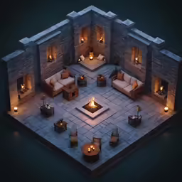 the courtyard of a luxury house with couches and chairs surrounding the fire pit