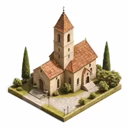 an old church is in a grassy area with stairs