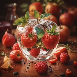 strawberries are sitting on the bottom of a glass bowl with ice
