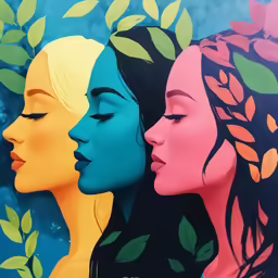 two women and one is painted with colorful colors