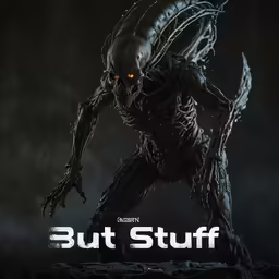 a large black alien with orange eyes and fangs