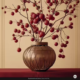 the red flowers and branches are in a brown vase