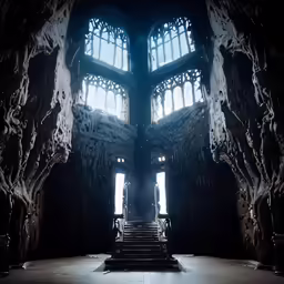 an old building has large windows in it