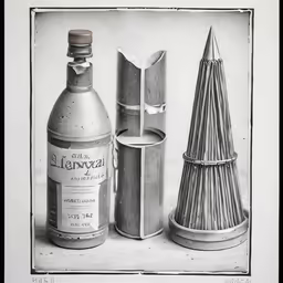 a black and white photograph shows an old bottle, straw and cup
