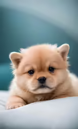 small dog laying on a bed near its owner