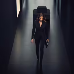 the model walks down a dark runway