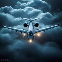 a large commercial jet flying through a cloudy sky