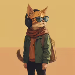 a cat with a backpack wearing headphones