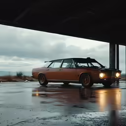 an old station wagon parked under a cloudy sky