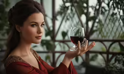 a woman with glasses of wine poses for the camera