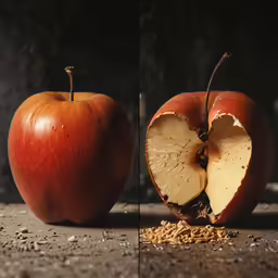 an apple slice in half sitting on the ground