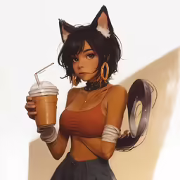 a woman in a cats ear headband holding a coffee