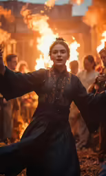 a woman dressed in black has her arms outstretched near the fire with many other people