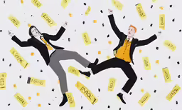 two men jumping into the air with papers on them