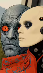 two heads in color, one with two red eyes