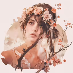 a young woman with flowers on her head and arms