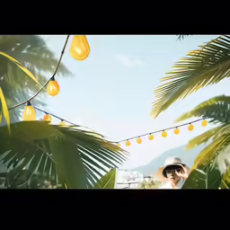 a woman is looking up in the sky at string lights