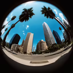 three high rise buildings and palm trees are seen through the circular lens