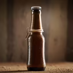 an open brown glass bottle sits on a wooden surface