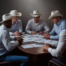 a group of men sitting around a table in hats