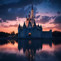 there is a castle next to the water with clouds