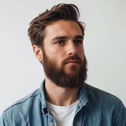 a close up of a bearded man wearing a shirt and jeans