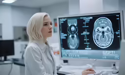 woman in white lab coat looking at computer screen
