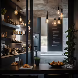 a kitchen with lots of light bulbs hanging from it