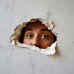 a young man peeks his nose through a hole in the wall