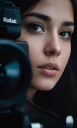 the woman is looking up with her camera