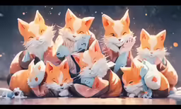 many kittens and mice in costumes laying on a floor