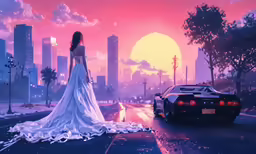 a woman in white dress looking at car on city road