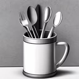 white cup full of silver - colored utensils